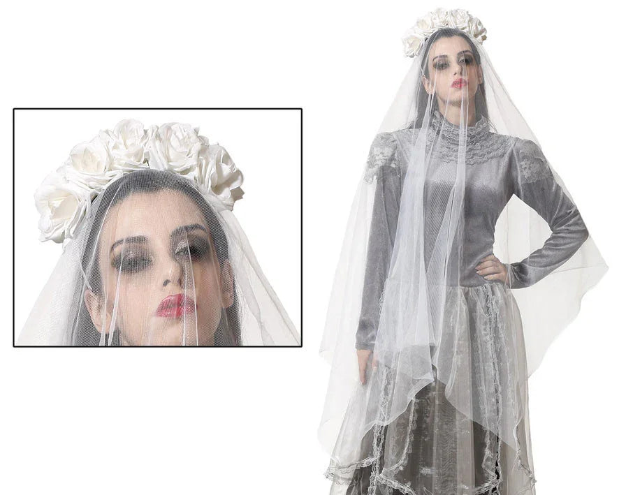 Diadema con Rosas Blancas y Velo Blanco Largo Diademas de Flores Atosa