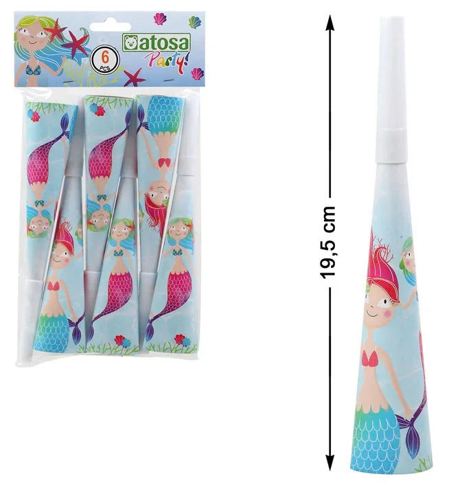 Pack de 6 Trompetas de Sirenas del Mar Decoración y Menaje de Dibujos Animados Atosa