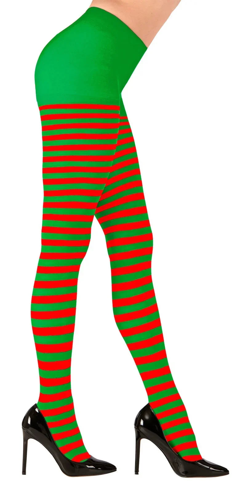 Pantys de Elfa Navideña con Rayas Rojas y Verdes para Adulto Elfos Navideños Widmann