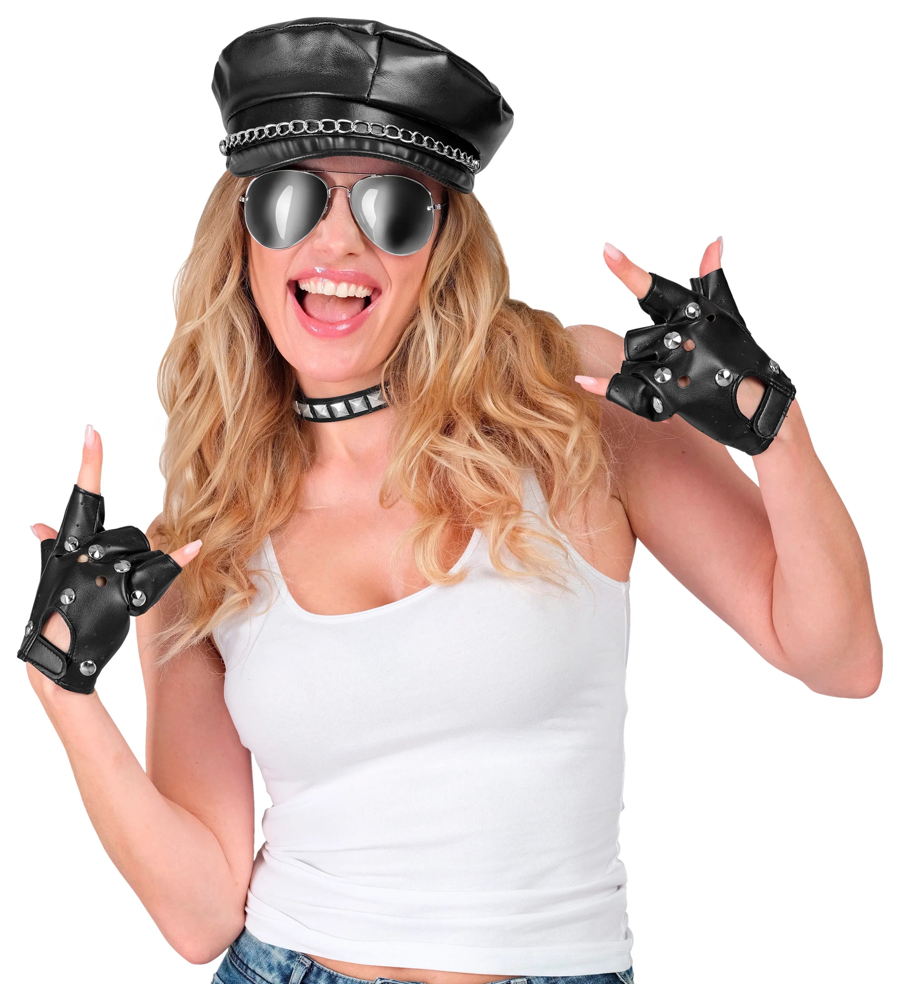 Kit de Motero Rockero con Gorra, Guantes, Collar y Gafas Complementos Rockeros y Moteros Widmann