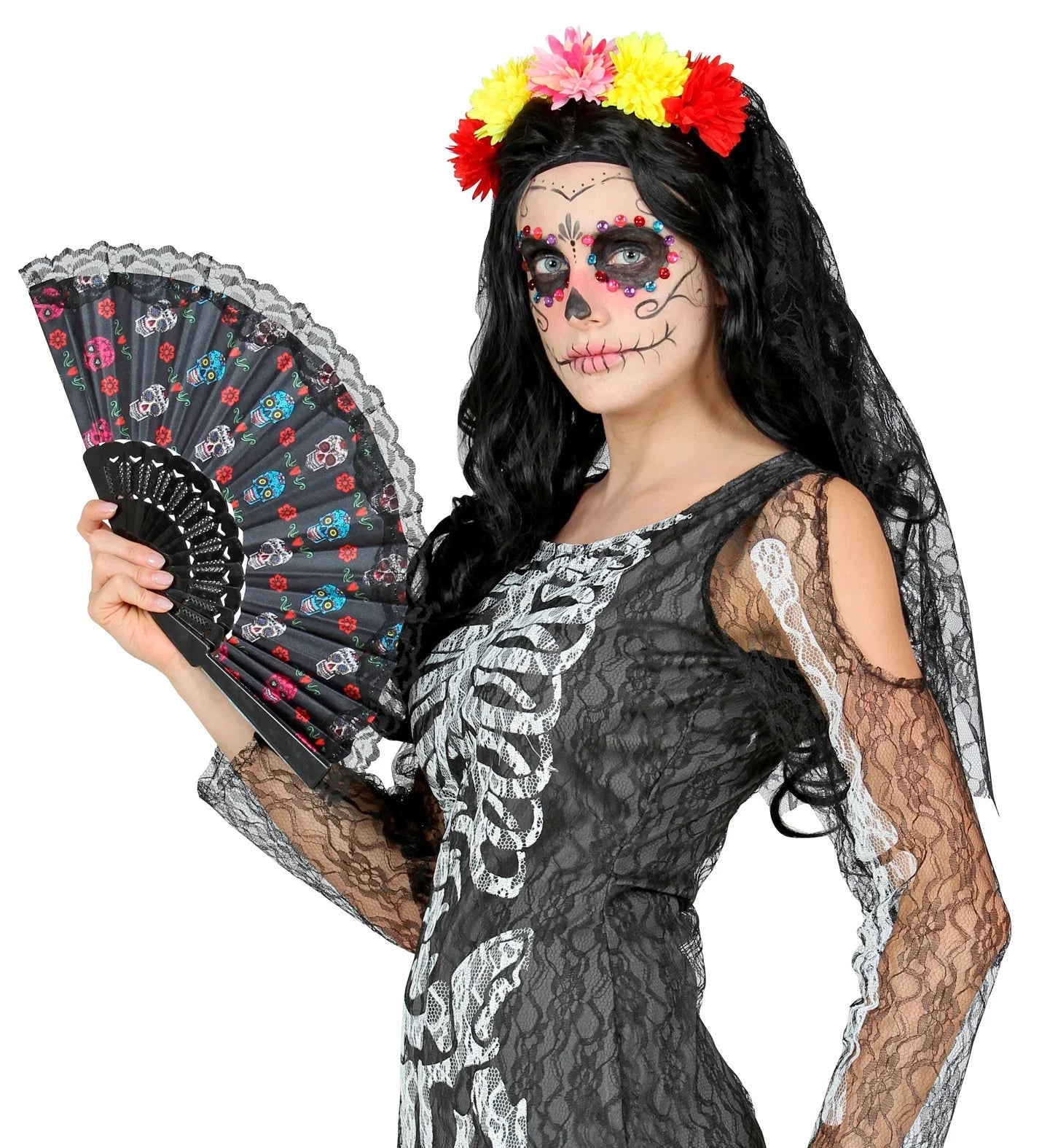 Abanico Día de los Muertos Negro Catrina Widmann
