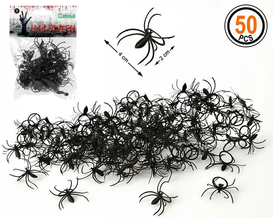Pack de 50 Arañas Negras para Decoración de Halloween Arañas y Telarañas Atosa