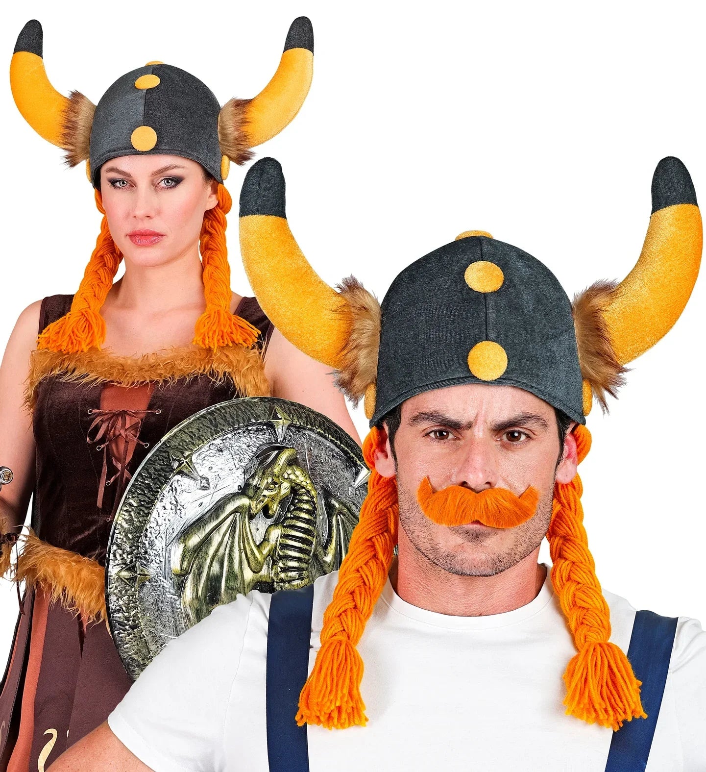 Gorro Vikingo con Cuernos y Trenzas Naranjas Complementos Vikingos Widmann