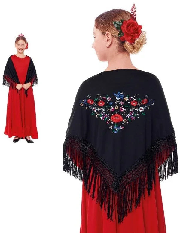 Mantón de Sevillana o Chulapa Negro Bordado para Niña Sevillanas Partilandia
