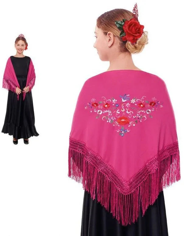 Mantón de Sevillana o Chulapa Rosa Bordado para Niña Sevillanas Partilandia