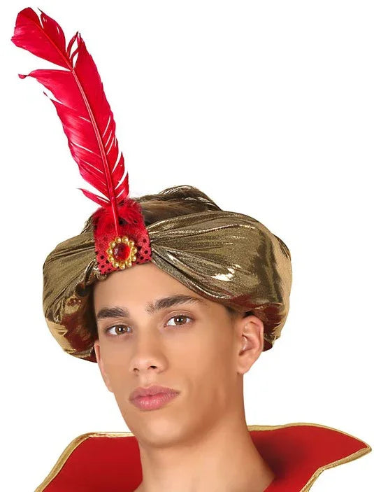 Gorro de Paje Dorado con Pluma Roja Pajes Reales Atosa