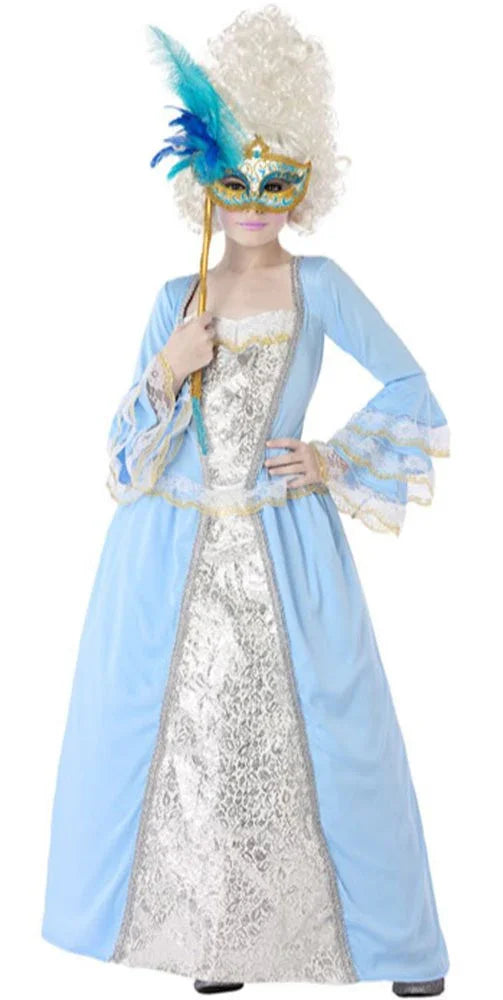 Disfraz de Cortesana Barroca Azul para Niña Veneciano y Época Atosa