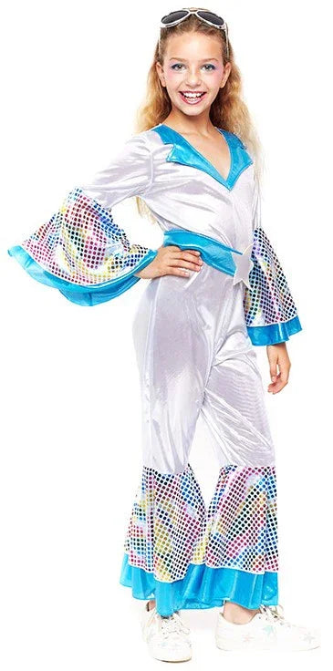 Disfraz de Disco Años 70 Plateado y Azul para Niña Disco Infantiles Partilandia
