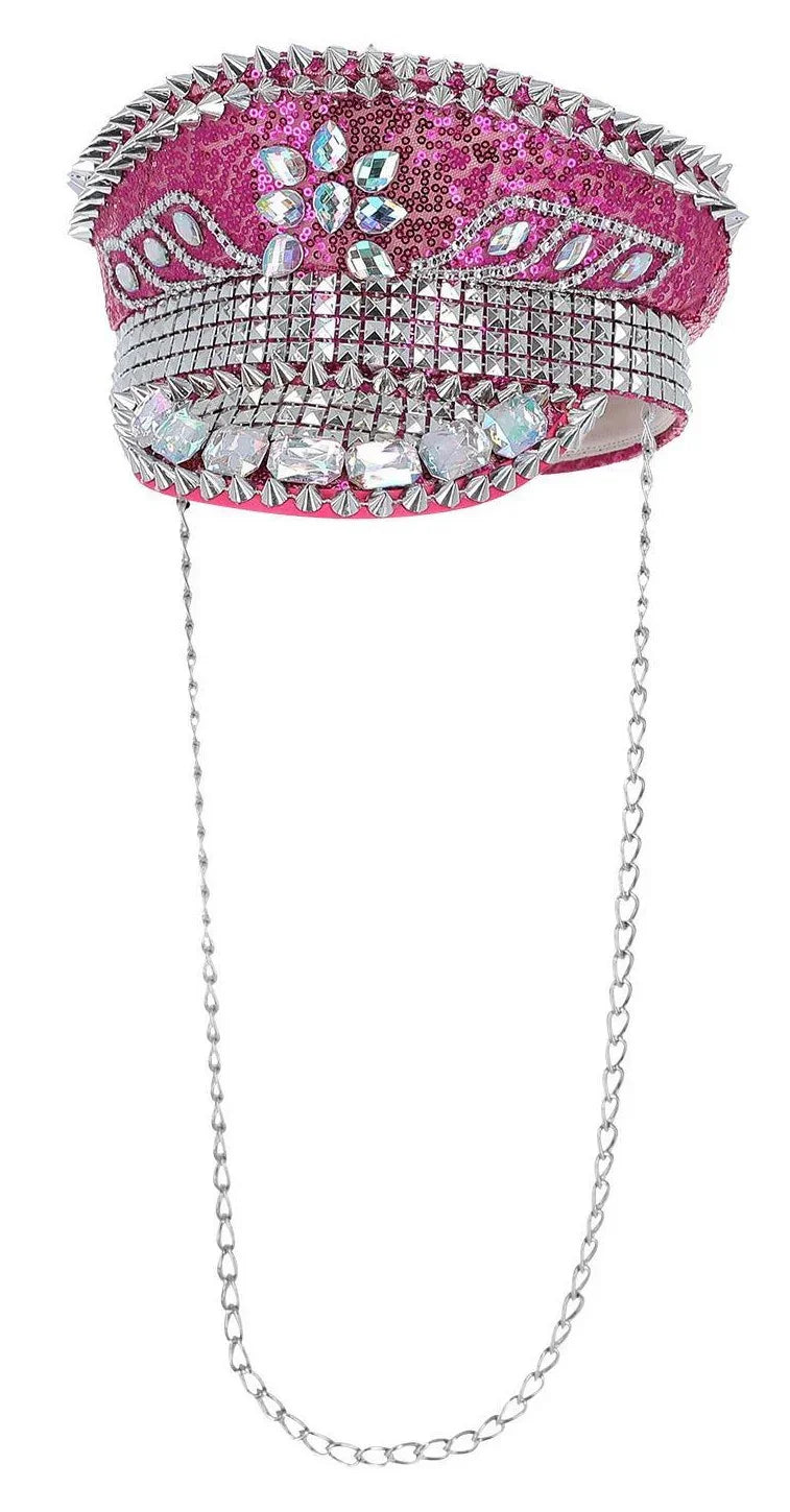 Gorra de Capitán Rosa con Pedrería, Pinchos y Cadena Sombreros y Gorros Smiffys