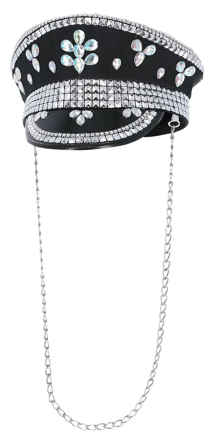 Gorra de Capitán Negra con Pedrería, Tachuelas y Cadena Sombreros y Gorros Smiffys