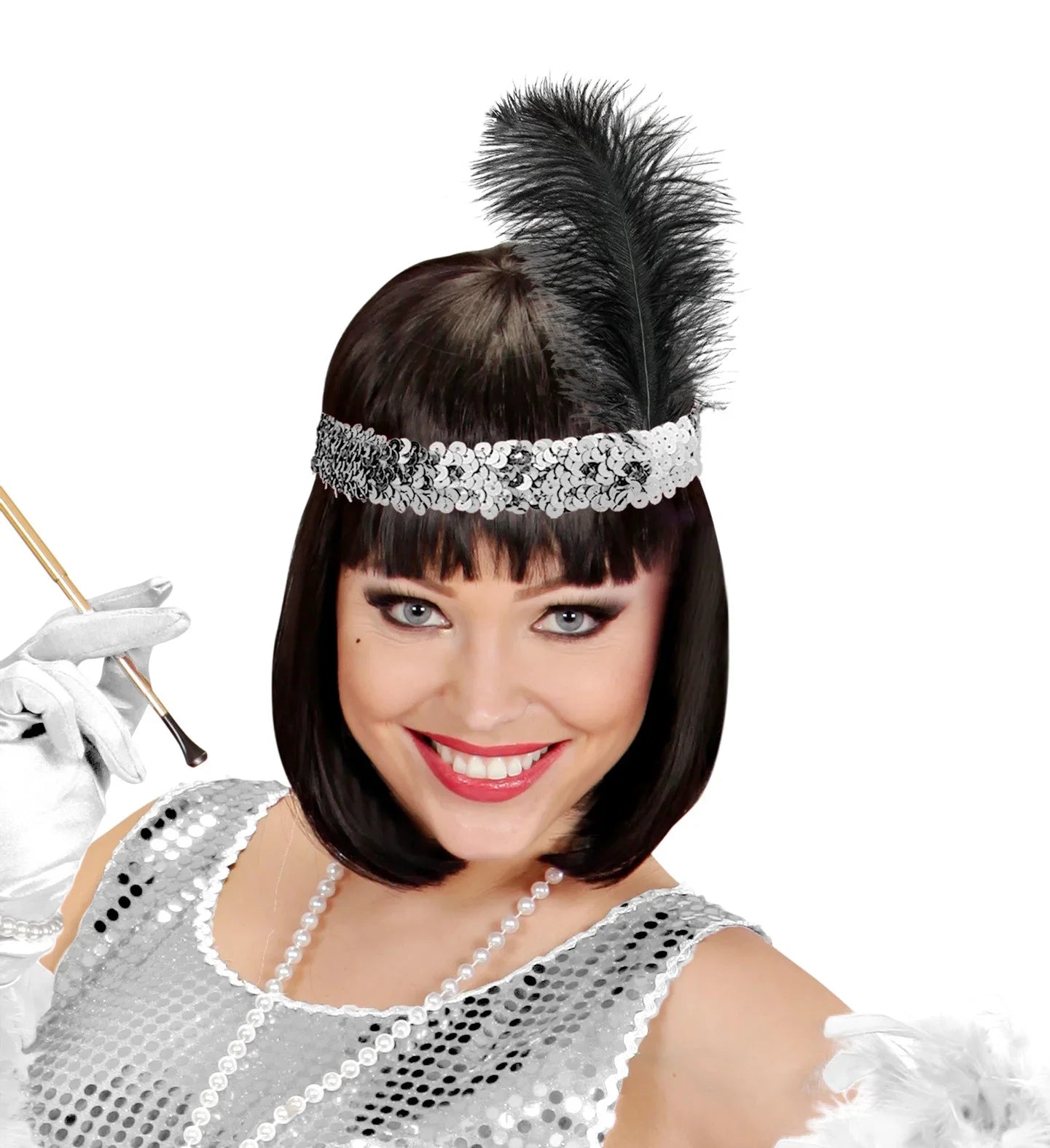 Cinta Charlestón Plateada con Pluma Negra Complementos Charlestón y Gangster Widmann