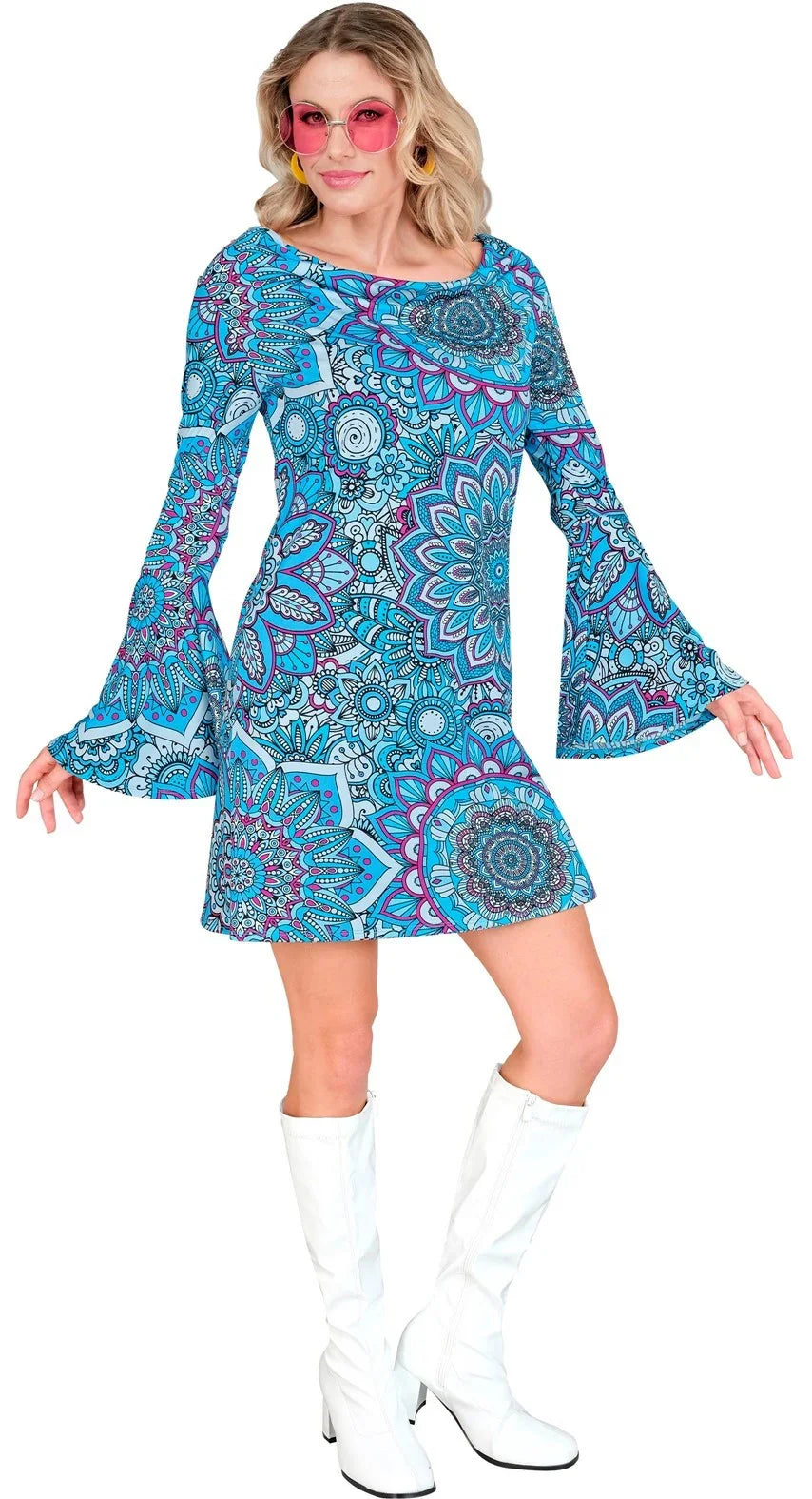 Disfraz Años 60 con Estampado Mandala Azul para Mujer Años 60 Widmann