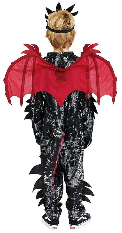 Disfraz de Dragón Negro y Rojo con Alas para Niño Dragón y Dinosaurio Partilandia