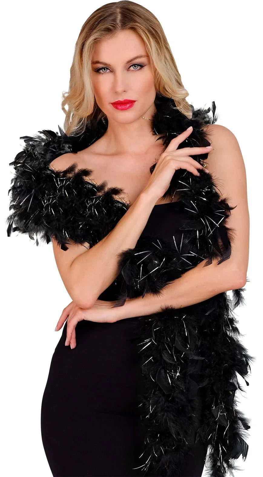 Boa de Plumas Negras con Filamentos Plateados de 180cm Boas de Plumas Widmann