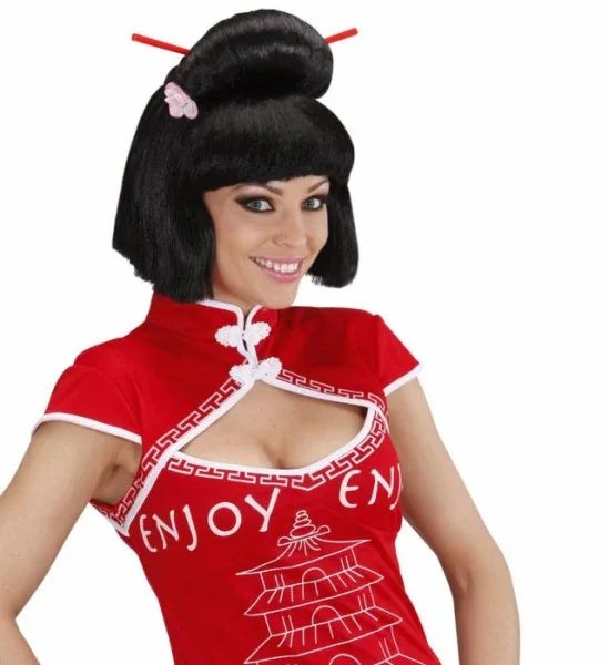 Peluca Morena de Geisha con Flor y Palillos COMPLEMENTOS Widmann