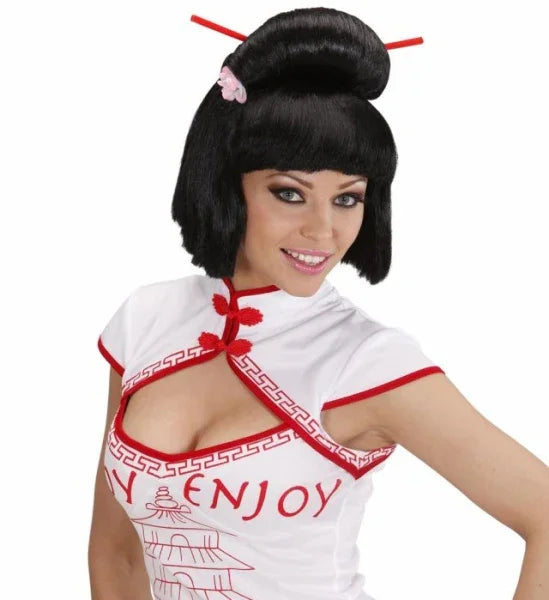 Peluca Morena de Geisha con Flor y Palillos COMPLEMENTOS Widmann