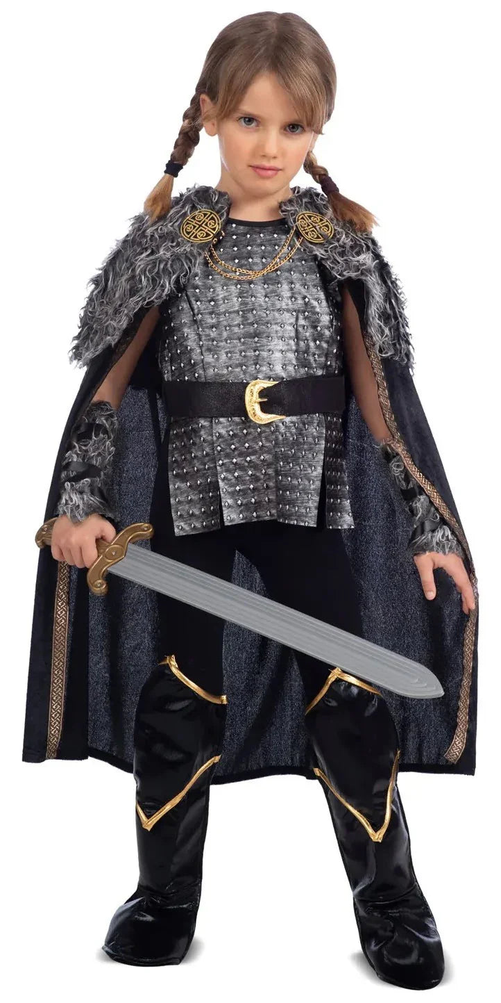 Disfraz de Vikinga Negro con Capa para Niña Vikingos Infantiles Viving