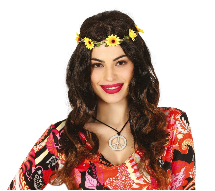 Perruque Hippie avec Diadème de Fleurs