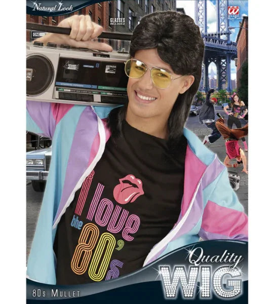 Peluca Morena Años 80 con Gafas COMPLEMENTOS Widmann
