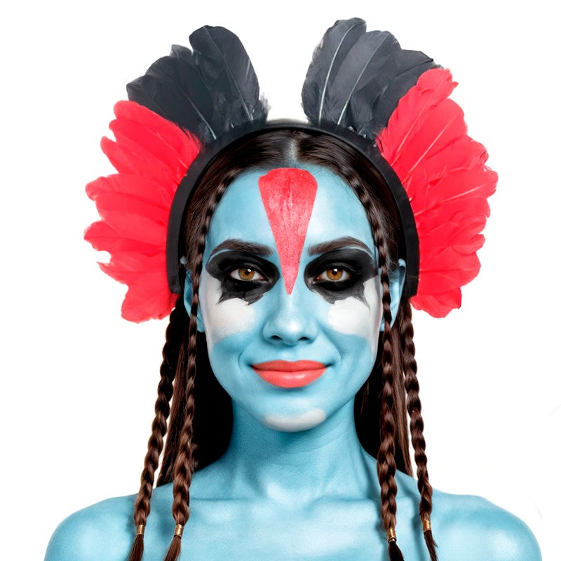 Diadema de Avatar con Plumas Rojas y Negras