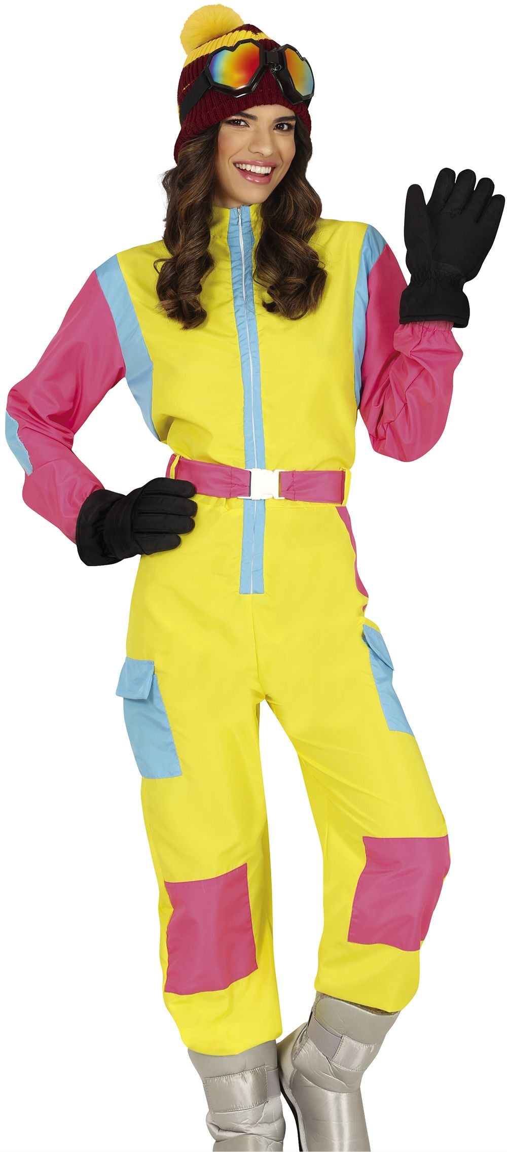 Costume de skieuse jaune années 80 pour femme
