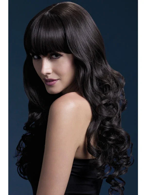 Peluca Castaña Oscura con Flequillo y Rizos Premium Pelucas Smiffys