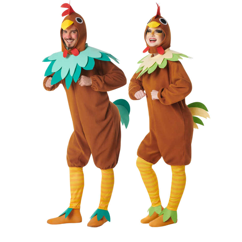 Déguisements de couple coq et poule colorés