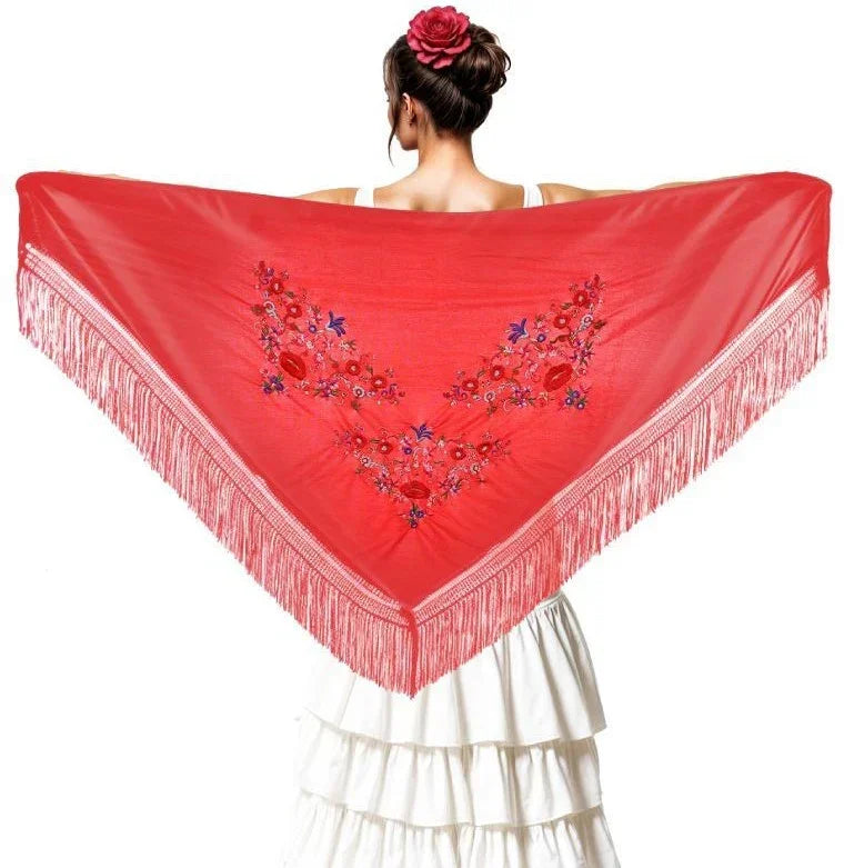 Mantón de Sevillana o Chulapa Rojo con Bordado Sevillanas Partilandia